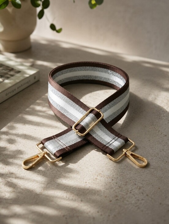 NKULTD Handbags - Brown Silver Stripe Bag Replacement Strap Golden‎ Hardware Adjustable Casual